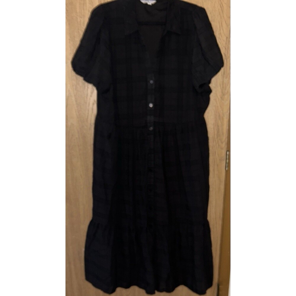 Women’s 2x Ophelia Roe Black Plaid Button-Front Midi Dress Puff Sleeve - Picture 10 of 11